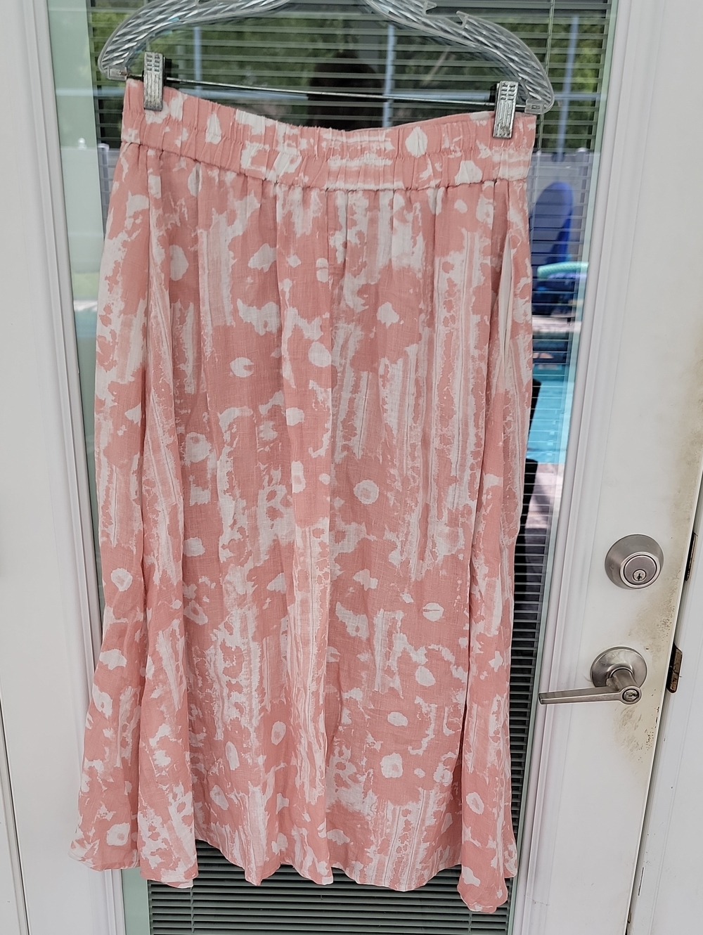 120% Lino Flax Linen Midi Skirt Sz L Has Pockets Elastic Waist Abstract Floral - Picture 6 of 12